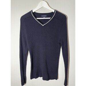 Lands’ End Soft Cotton Cashmere V-Neck Sweater Men’s M Blue Long Sleeve Knit